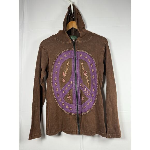 Kathmandu Tops - Kathmandu Imports Boho Hoodie Zip Up Peace Sign Embroidered Nepal Unisex